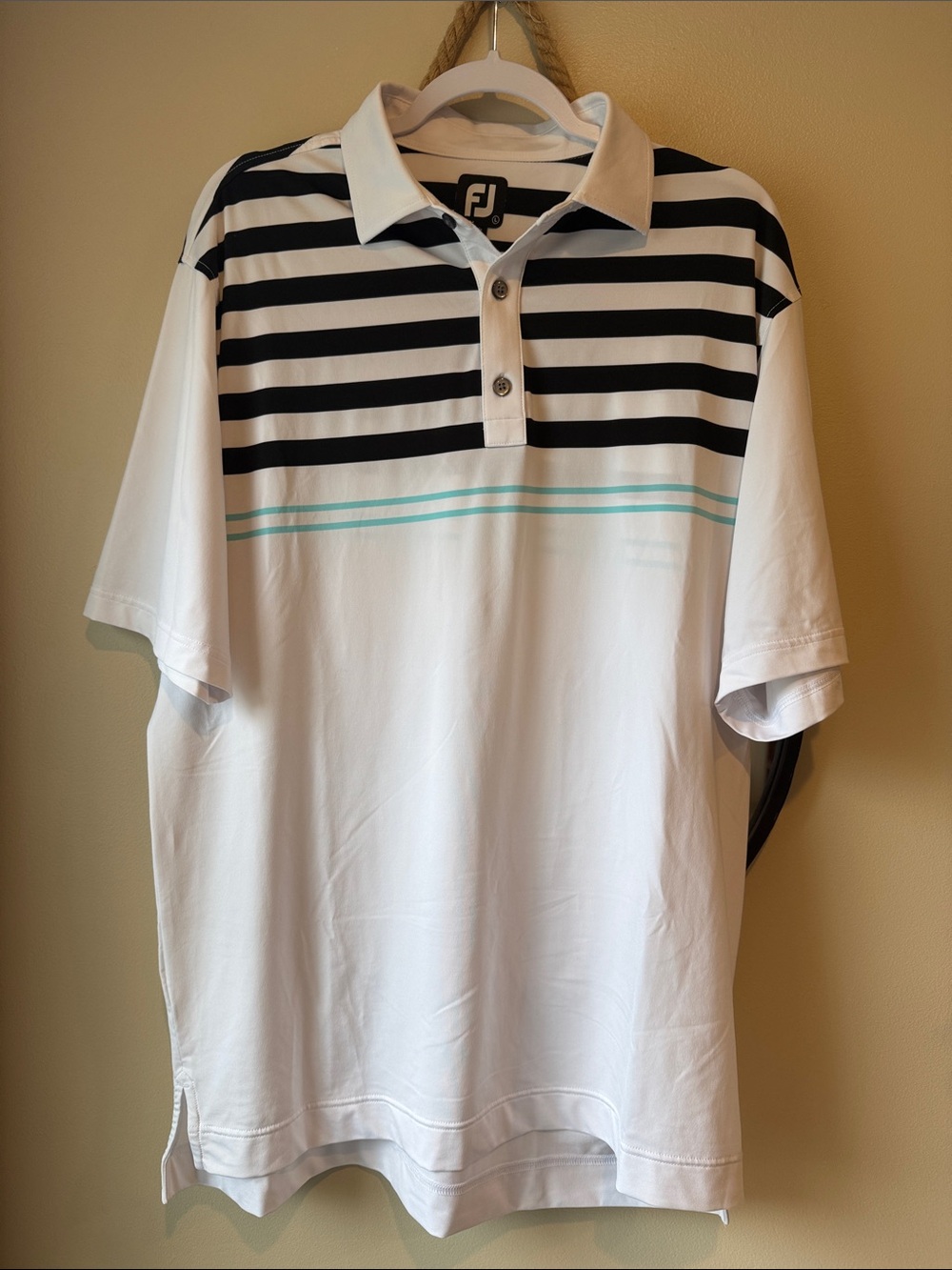 FootJoy Men’s White Polo with Black Stripes and Aqua Accent